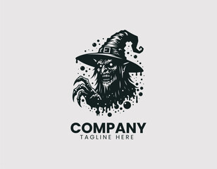 Scary Evil Witch Figure with Warts Pointed Hat Staff Vector Logo Design, Creepy Wicked Witch Warts Pointed Hat Wand Vector Logo