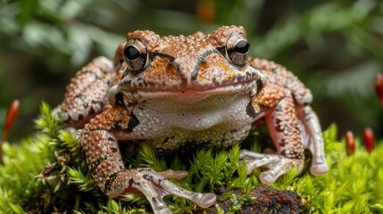 Fototapeta premium Close-up of a frog, vibrant reddish-brown and cream coloration, sitting atop a bed of moss, detailed skin texture visible
