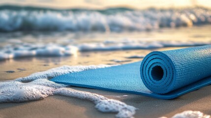 A serene image of a yoga mat laid out on a sandy beach, with gentle waves in the background, representing the balance and tranquility of practicing sports outdoors