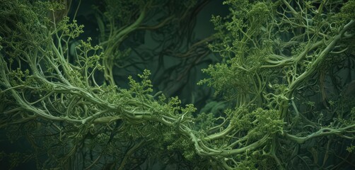 Intricate green organic lines form a complex, abstract wallpaper pattern ,  fluid,  graphic