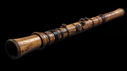 Close-up of a traditional wooden flute on a black background.