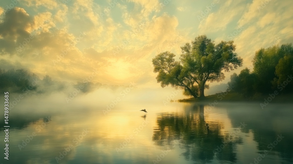 Poster a swirling mix of smoke and fog over a reflective body of water, enhancing the sense of depth and cr