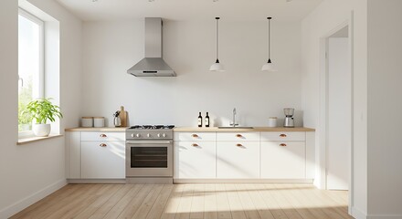 The image showcases a contemporary kitchen design featuring white cabinets, light wooden surfaces, stainless steel elements, and a well-lit space thanks to large windows