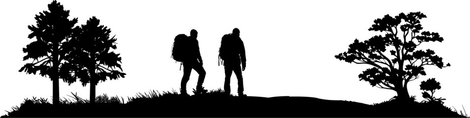 Vektor Silhouette Körper Design Element - Zwei Wanderer in der Natur - Berge und Felsen - Outdoor Abenteuer