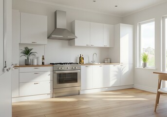 Fototapeta premium A clean and modern kitchen design is presented with white cabinetry, light wooden countertops and flooring, stainless steel appliances, and abundant natural light.