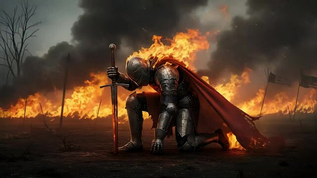 Burning Warrior Kneeling On Battlefield About Losing The War