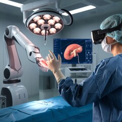 A surgeon using a haptic‑feedback glove to perform remote robotic surgery, feeling tissue resistance through subtle visual vibrations. A VR display shows immersive 3D organ models. Operating‑theater l