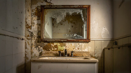 An abandoned bathroom shows severe decay—peeling paint, mold-stained walls, a shattered mirror, and rusted faucets over a stained sink. The neglected space evokes themes of abandonment and urban decay