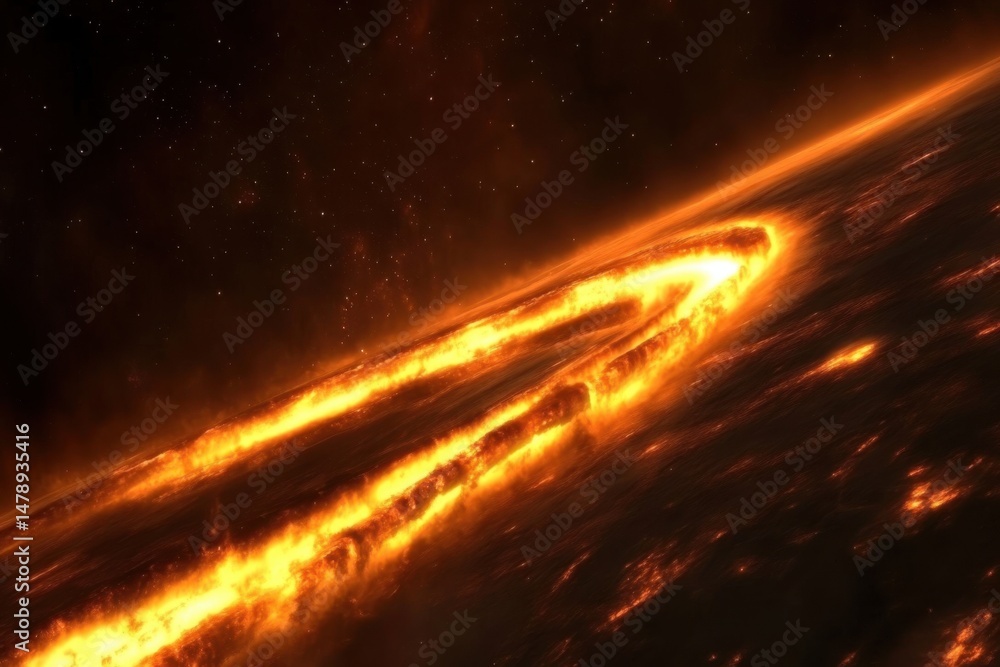 Poster dramatic view of a fiery ringed planet in deep space with stars and nebulae from a low angle