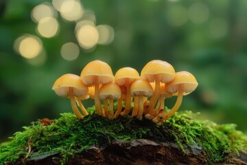 Fototapeta premium Cluster of small, pale yellow mushrooms on mossy log in forest. Soft, diffused light illuminates the cluster, creating a serene and natural scene