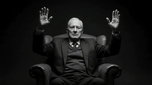 Portrait Of Senior Man In Formal Attire, Hands Raised, Dramatic Black And White Studio Shot