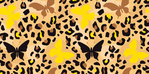 Leopard seamless pattern with Butterflies. Fashionable seamless leopard texture,Stylish animal print with abstract butterflies. Perfect for textiles,decor,apparel, prints or digital use.