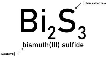 Bismuth(III) sulfide chemical formula and synonyms with callout titles
