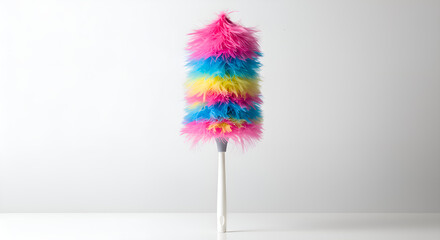 Feather duster with colorful feathers and plastic handle, upright on white