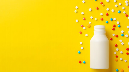 White Pill Bottle & Colorful Pills Scattered on Yellow Background Top View, Flat Lay