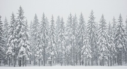 Fototapeta premium Winter Wonderland Snow-Covered Pine Forest in a Blizzard