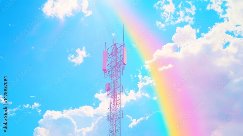 Aufkleber A wide shot of a cell tower with a bright rainbow arching over it, creating a whimsical and colorful scene that combines nature with modern technology