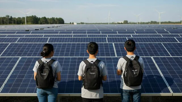 Three Young Students, Two Males and One Female, Observing a Vast Solar Panel Field on a Bright Day, Reflecting a Commitment to Renewable Energy and Environmental Awareness