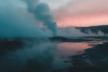 Fototapeta premium Geothermal vent at dawn. A plume of steam rises from a volcanic vent. Still water reflects the dusky sky