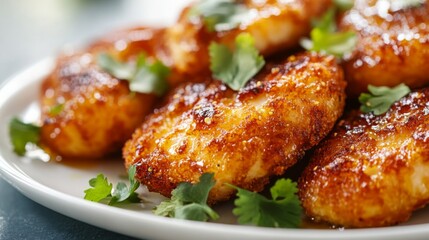 Fototapeta premium Close-up of perfectly golden deep-fried fish fillets glistening with fish sauce, placed elegantly on a white plate with a garnish of fresh herbs