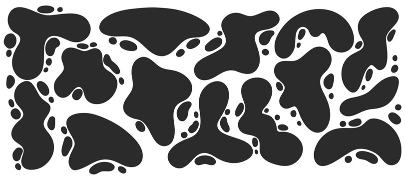 Abstract blob shapes. Organic liquid random wavy forms. Irregular fluid black spots and bubbles. Trendy drops silhouettes. Modern Y2K swirl amoeba splotch. Vector simple elements.