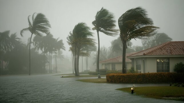 Stormy weather in Florida neighborhood with palm trees bending in the wind during hurricane season from ground level