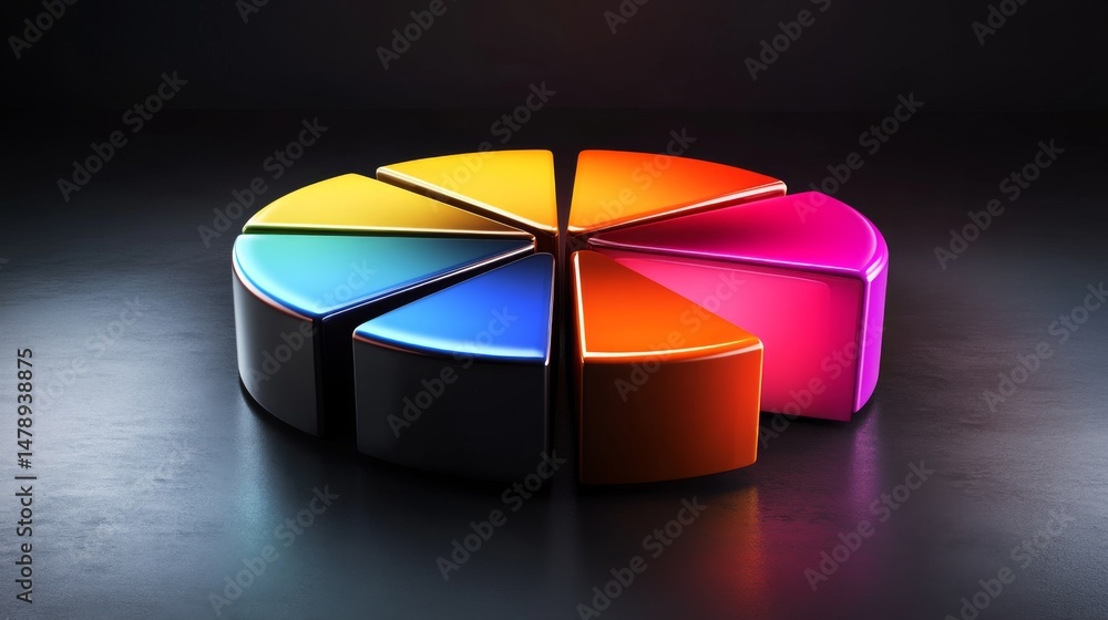 Aufkleber dynamic d pie chart with bright, colorful slices, each part raised slightly, with soft lighting to h