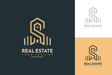Creative real estate logo with bold letter S and abstract house design in modern minimalist style, ideal for property branding
