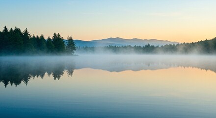 Serene Sunrise Over Misty Lake Peaceful Nature Photography
