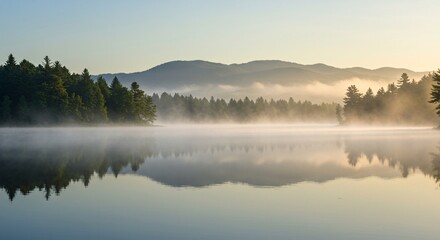 Fototapeta premium Serene Sunrise over Misty Lake and Mountain Reflections