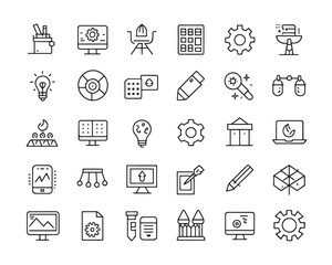 Thin line icons illustrating concept design and user interface flow