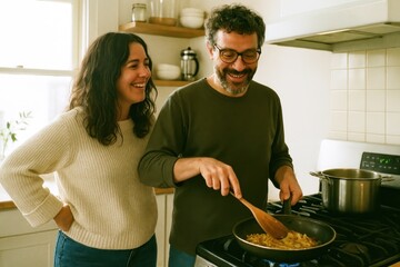 Couple cooking together happily.