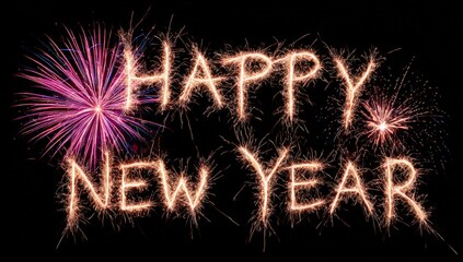 Sparkling fireworks display saying Happy New Year.