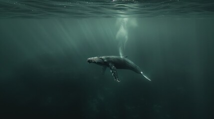 Fototapeta premium A whale swims through the deep blue ocean, sunlight shining through the water above