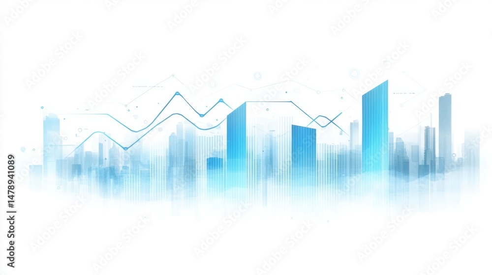 Poster minimalistic line and bar graph with a white background, showing clear data trends in shades of blue