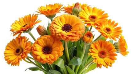 Vibrant bouquet of golden orange calendula flowers against a clean white backdrop
