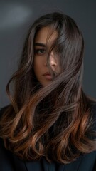 Dramatic portrait of woman with square hair grid effect and dark tones