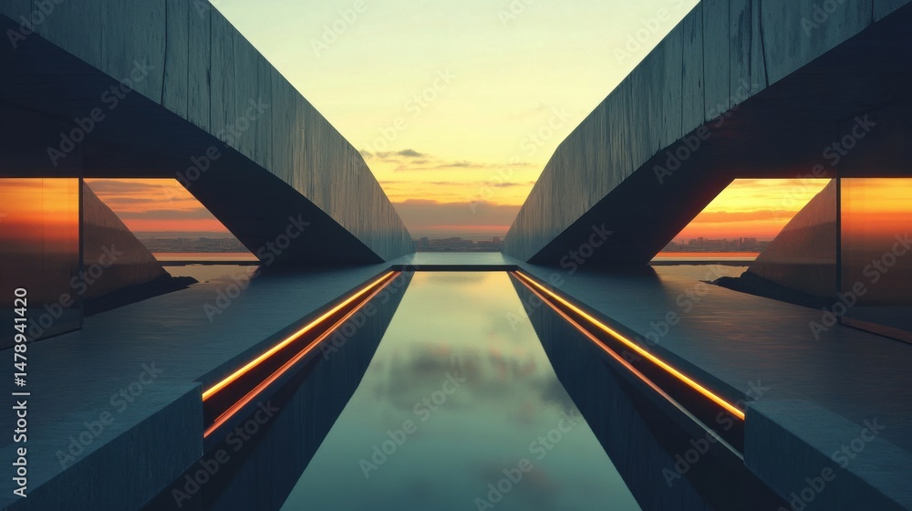 Poster abstract architecture reflecting sunset over water with geometric design and modern style in minimal