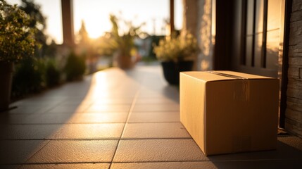 A cardboard package arrives at the doorstep, symbolizing convenience and modern delivery services.
