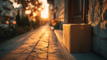 A cardboard package arrives at the doorstep, symbolizing convenience and modern delivery services.
