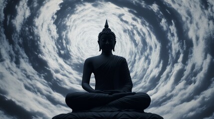 Silhouette of a meditating Buddha statue against a backdrop of swirling clouds, evoking a sense of calmness and spiritual connection to nature