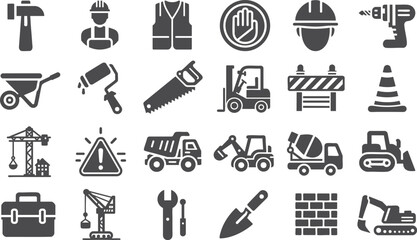Fototapeta premium Construction Icons Set. Flat Black Construction Tools, Vehicles, and Worker Symbols. Includes Digger, Mixer Truck, Hard Hat, Forklift, Toolbox, Saw, Barrier, Shovel, and Safety Icons