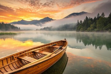 Obraz premium wooden boat sailing on misty lake at sunrise or sunset, golden light reflecting on calm water, soft ripples slowly dissipating. Solitude and harmony with
