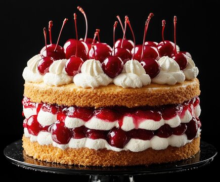 Layered cake adorned with fresh cherries and whipped cream