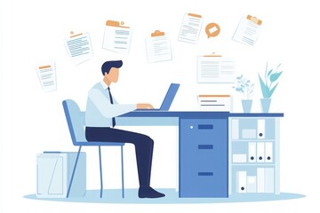 Home-based document approval via laptop, businessman utilizing DMS with automated task checklists.