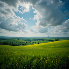 Fototapeta premium A dramatic scene of lush green fields at the mountain base,