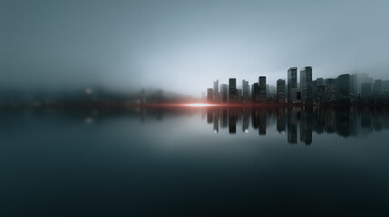 Fototapeta premium City Skyline Silhouette in Mist: A breathtaking cityscape silhouette is veiled in a gentle mist, a vibrant sunrise glows, creating a surreal panorama. Evoking a sense of mystery. 