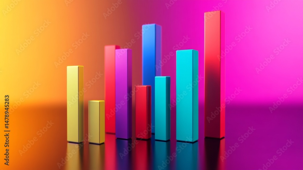 Leinwandbilder vibrant d bar graph with colorful bars in various heights on a reflective surface, casting soft shad