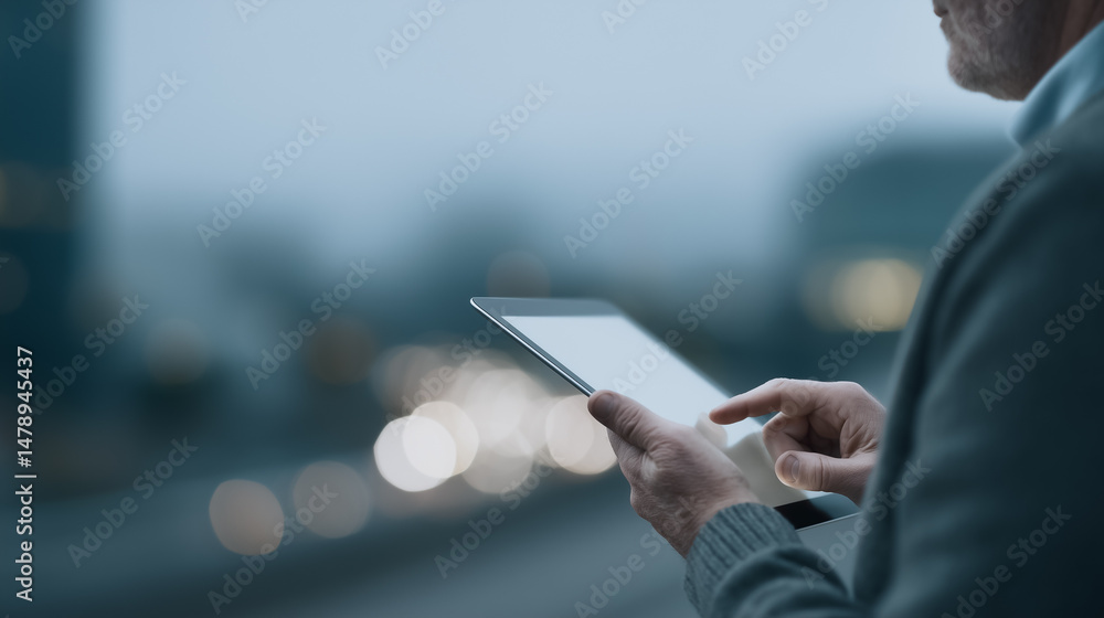 Poster digital exploration: a focused individual explores the world of technology using a sleek digital tab