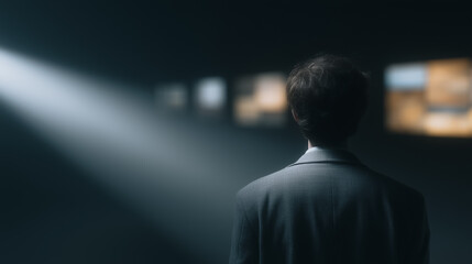 Fototapeta premium Mysterious Observer: A contemplative figure stands in a dimly lit space, illuminated by a beam of light, gazing towards screens.
